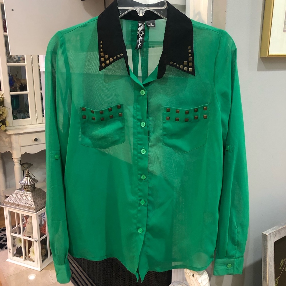 NEW Y2K Sheer Studded Long Sleeve Button Up Collared Blouse Top